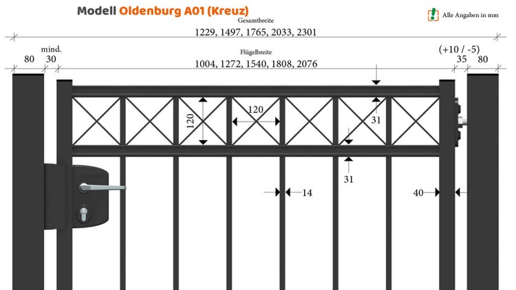 Technische Zeichnung eines Gartentors Modell Oldenburg A01 (Kreuz) mit Breitenangaben