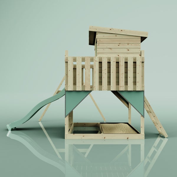 Spielturm aus Holz für Kinder mit Rutsche, Einzelschaukel, integriertem Sandkasten und Aufstiegsleiter.