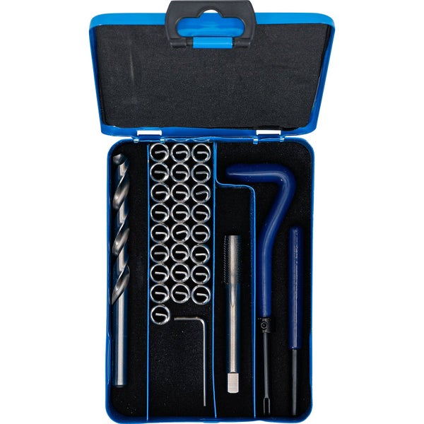 Gewindereparaturset im blauen Koffer mit Bohrer, Gewindeeinsätzen und Werkzeugen