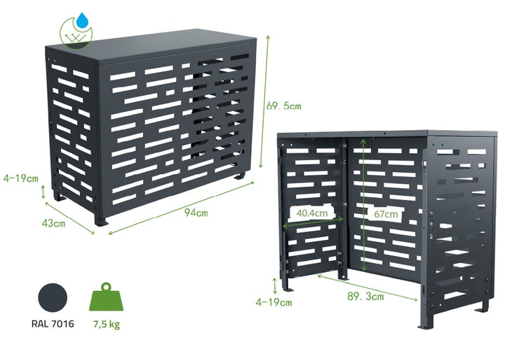 Anthrazitfarbene Casanov Mülltonnenbox mit Abmessungen