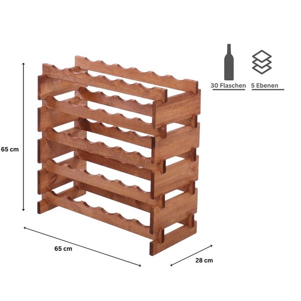 Weinregal VINOTECA FLEX PRO HxBxT 65x65x28cm 30 Flaschen auf 5 Ebenen Massives Kiefernholz Braun geölt