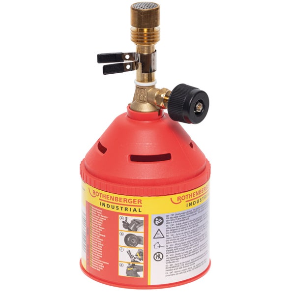 Rothenberger Industrial Bunsenbrenner mit Messing-Brennerkopf, schwarzem Regulierknopf und rotem Kunststoffgehäuse für eine Gaskartusche.
