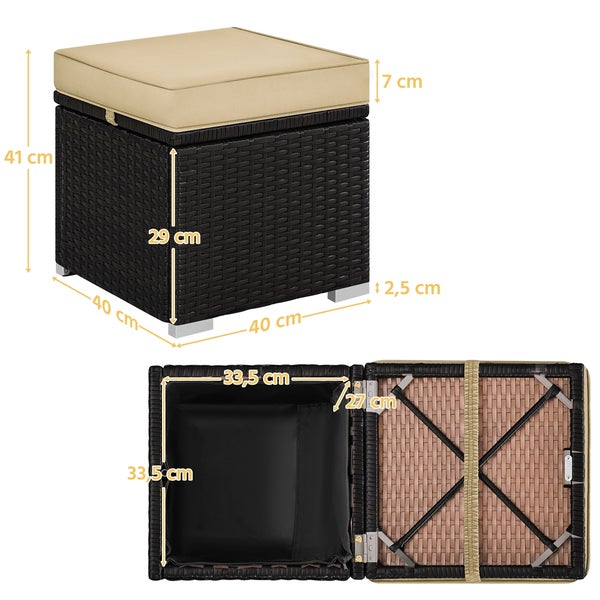 Gartenhocker mit Kissen und Stauraum, Abmessungen sind dargestellt