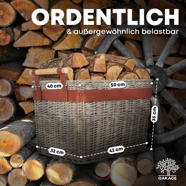 OAKAGE® WillowWrap Holzkorb Weide - mit ausreißsicheren Holzgriffen - 50x40x35cm