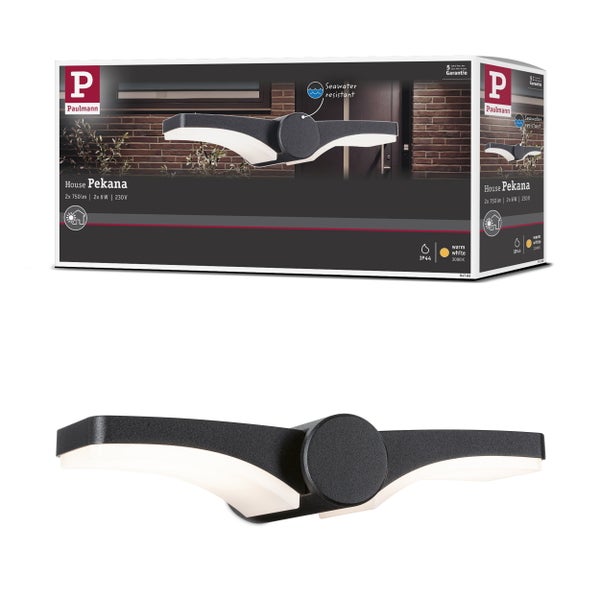 Paulmann LED-Außenwandleuchte Pekana, seewasserbeständig, Schutzart IP44, warmweißes Licht, inklusive Produktverpackung und Paulmann Logo.