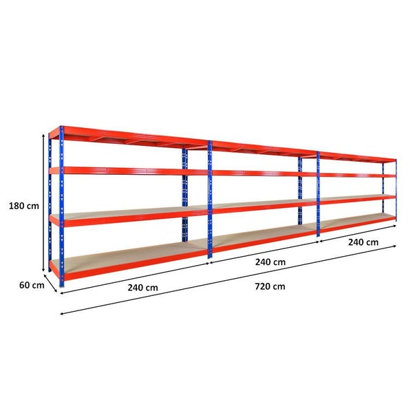 PROREGAL Mega Deal 3x Profi Schwerlastregal Rhino, HxBxT 180x240x60cm, 4 Spanplatten-Ebenen 8mm, Fachlast 450kg, Blau/Orange