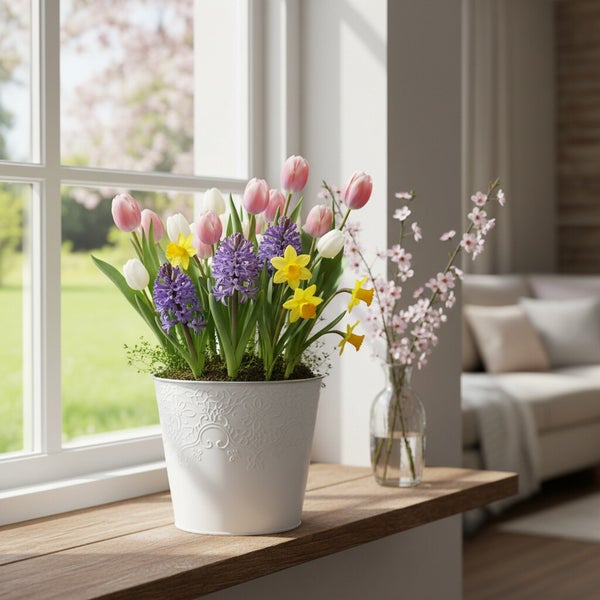 Frühlingsblumenarrangement mit Tulpen, Hyazinthen und Narzissen in einem verzierten Übertopf auf einem Fensterbrett.