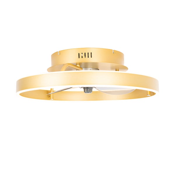 Deckenventilator mit integrierter LED-Ringbeleuchtung in Goldoptik und transparenten Rotorblättern.