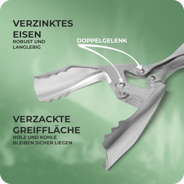 Grillzange aus verzinktem Eisen mit Doppelgelenk und gezackter Greiffläche für Holz und Kohle.