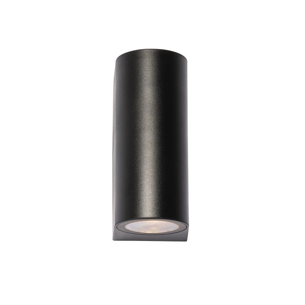 Zylindrische schwarze Außenwandleuchte aus Metall.