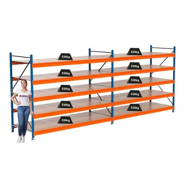 Industrieregal mit fünf Ebenen und einer Traglast von 530 Kilogramm pro Ebene.