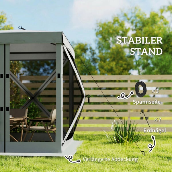Gartenpavillon mit stabilen Elementen: drei Spannseile, sieben Erdnägel und eine verlängerte Abdeckung für einen sicheren Stand im Freien.