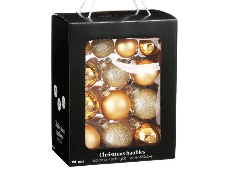 Set mit 26 Christbaumkugeln aus Glas in verschiedenen Ausführungen für die Weihnachtsdekoration