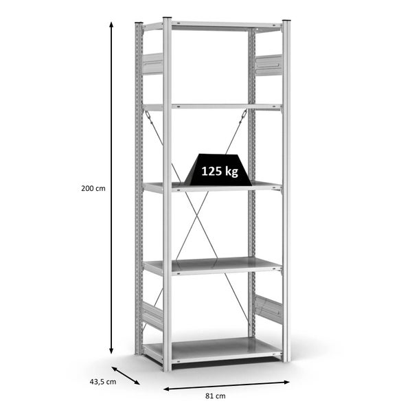 PROREGAL Profi Lagerregal Stecksystem T-Profil Grundregal HxBxT 200 x 75 x 40 cm Fachlast 125 kg Verzinkt