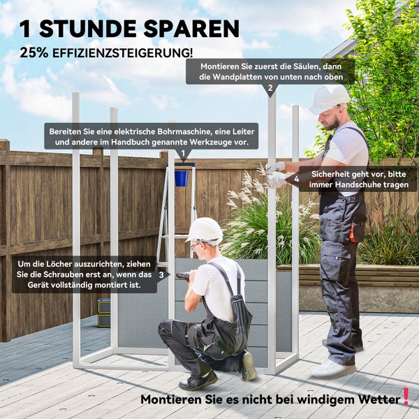 Montageanleitung für eine Gerätehaus mit den Hinweisen: 1 Stunde sparen, 25% Effizienzsteigerung, Werkzeug vorbereiten, zuerst Säulen montieren, Schrauben anziehen wenn das Gerät fertig montiert ist, Sicherheit geht vor, bitte immer Handschuhe tragen, nicht bei windigem Wetter montieren.