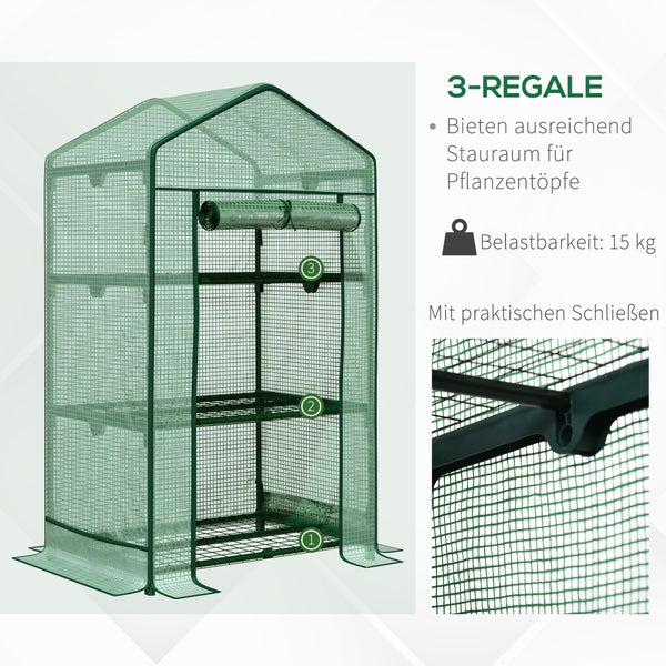 Outsunny Mini-Gewächshaus, mit Folienabdeckung und 3 Regalböden, 69 x 49 x 125 cm, Metall, PE, Grün