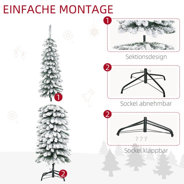 Künstlicher Weihnachtsbaum mit Schneeeffekt, Sektionsdesign für einfache Montage, abnehmbarer und klappbarer Metallsockel.