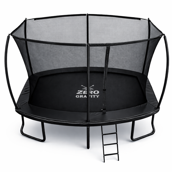 Schwarzes Gartentrampolin mit Sicherheitsnetz und Leiter