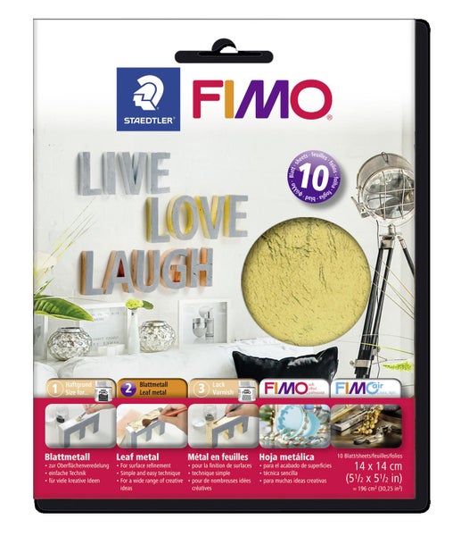 Staedtler FIMO Blattmetall, 10 Blatt, 14 mal 14 Zentimeter, zur Oberflächenveredelung bei Bastelarbeiten. Staedtler Logo. FIMO Logo.