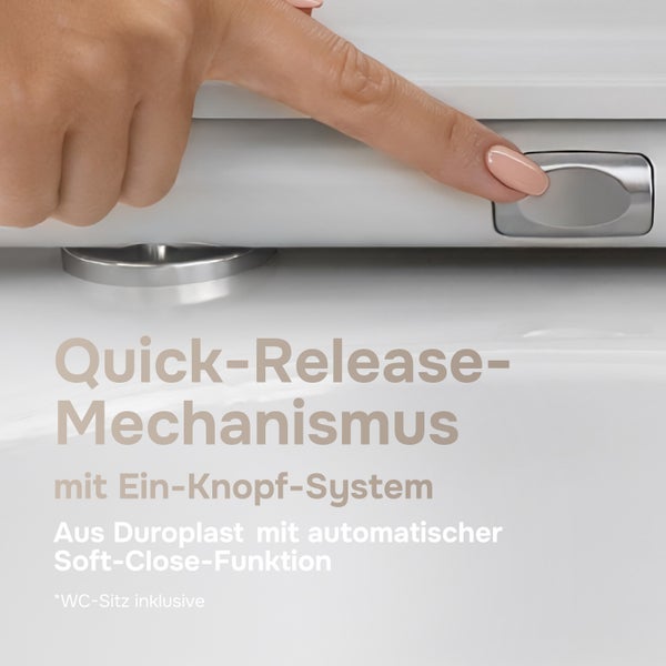 Detailansicht eines WC Sitzes mit Quick Release Mechanismus und Ein Knopf System sowie Soft Close Funktion aus Duroplast.