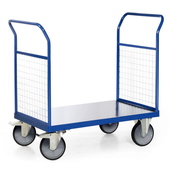 Blauer Plattformwagen mit Gitterwänden