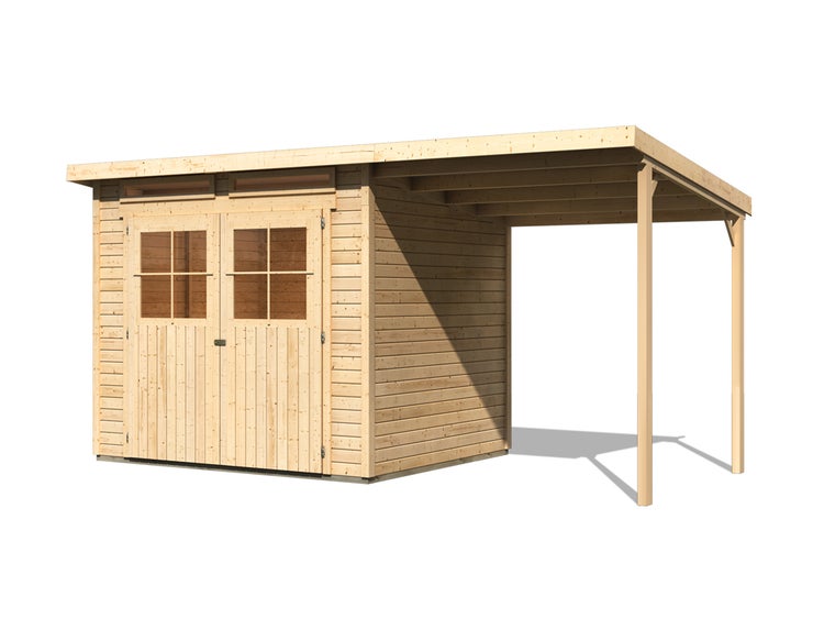 Gartenhaus aus Holz mit Flachdach, Doppeltür inklusive Fenstern und seitlichem Schleppdach
