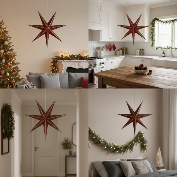 Collage mit Weihnachtssternen in Wohnräumen.