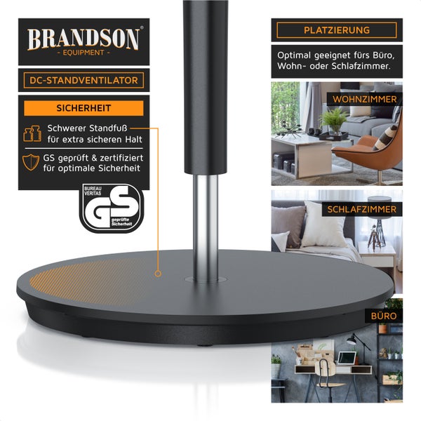 Brandson Standventilator mit DC-Motor, Ventilator mit Fernbedienung, sehr leise, energiesparend, 60°, 90° und 120° Oszillation, Timer