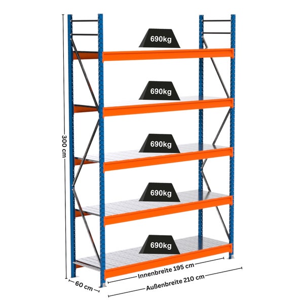 Hochregal mit fünf Ebenen und einer Traglast von 690 Kilogramm pro Ebene, Abmessungen 300 x 210 x 60 Zentimeter