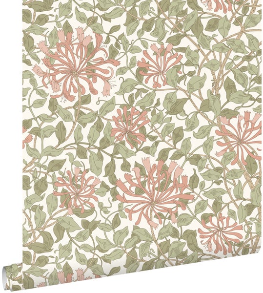 ESTAhome Tapete Blumen Graugrün und Terrakotta - 50 x 900 cm - 131028