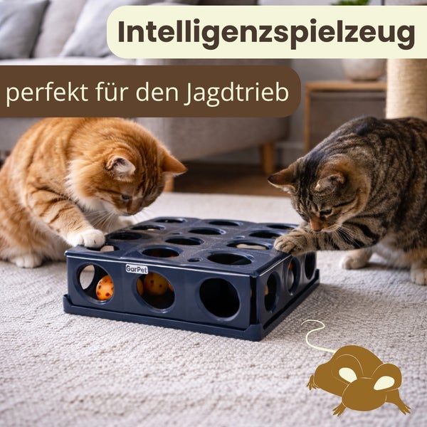 Zwei Katzen spielen mit einem Intelligenzspielzeug von GarPet, das den Jagdtrieb fördert.