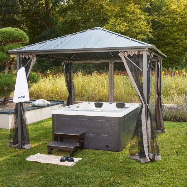 Home Deluxe - Outdoor Whirlpool - White Marble Plus Treppe und Thermoabdeckung - Maße 210 x 160 x 85 cm - Inkl. Heizung, 27 Massagedüsen und 9 Lichtquellen I Außen Whirlpool Spa für 3 Personen