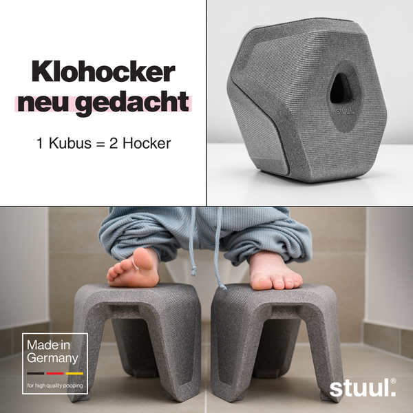 Zweiteiliges stuul Toilettenhocker Set, das zu einem Kubus zusammengesetzt werden kann. Made in Germany Siegel und stuul Logo.