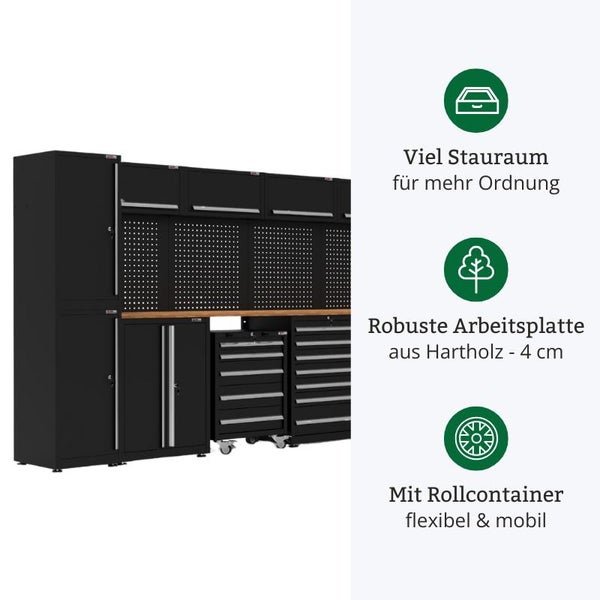 Werkstatteinrichtung mit viel Stauraum, robuster Arbeitsplatte und Rollcontainer