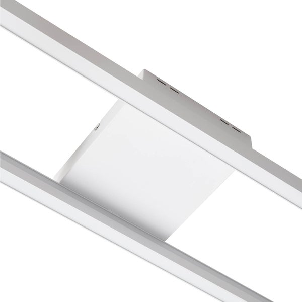 Weiße LED-Deckenleuchte mit quadratischer Basis und zwei langen, schmalen Lichtleisten.