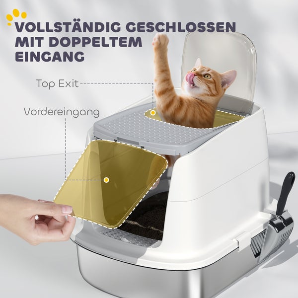 Geschlossene Katzentoilette mit Doppeleingang, Vordereingang und oberem Ausstieg, inklusive Streuschaufel und Metallboden.