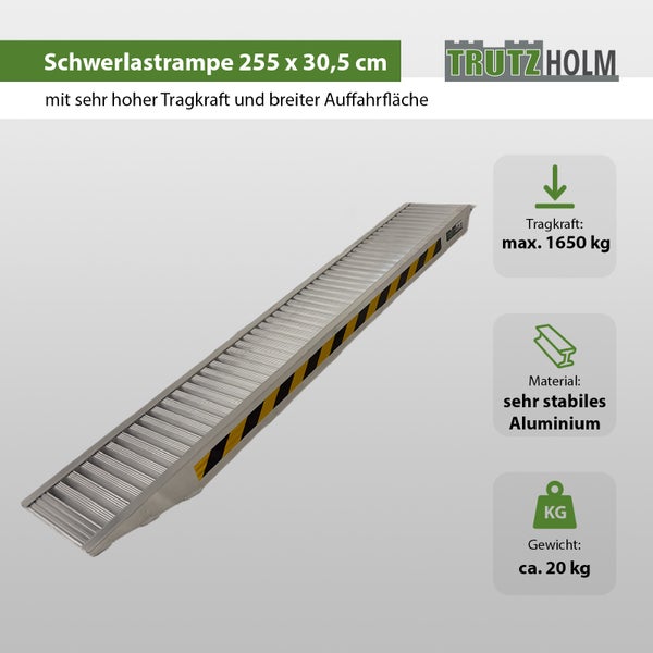 Schwerlastrampe aus Aluminium 255 mal 30,5 Zentimeter, Tragkraft maximal 1650 Kilogramm, Gewicht circa 20 Kilogramm, Trutzholm Logo.