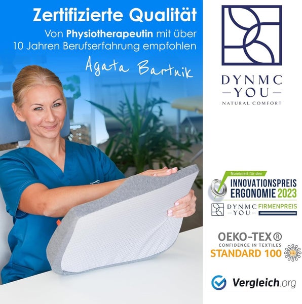 Physiotherapeutin empfiehlt ergonomisches DYNMC YOU Kissen mit OEKO-TEX Zertifikat und Innovationspreis Ergonomie 2023.