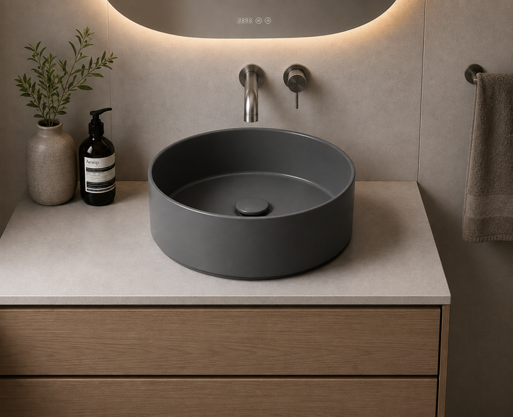 Modernes Badezimmer mit rundem Aufsatzwaschbecken auf einem Waschtisch aus Holz mit Unterputzarmatur und beleuchtetem Spiegel.