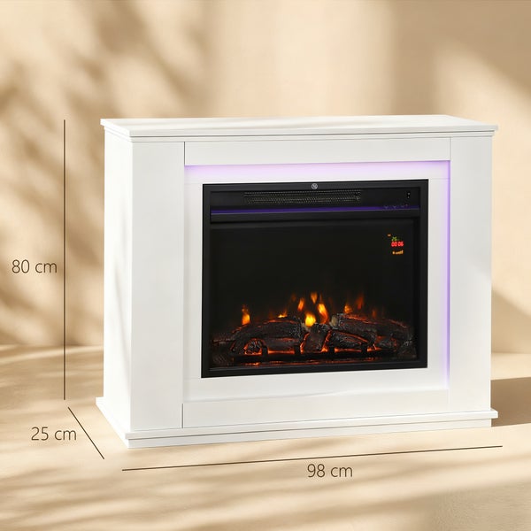 Weißer elektrischer Kamin mit künstlichen Flammen, Maße 80 Zentimeter hoch, 98 Zentimeter breit und 25 Zentimeter tief.