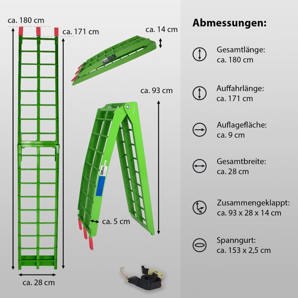 TRUTZHOLM 2 x Auffahrrampe klappbar 180 cm Traglast 680 kg Alu grün geriffelte Einzelstäbe Verladerampe