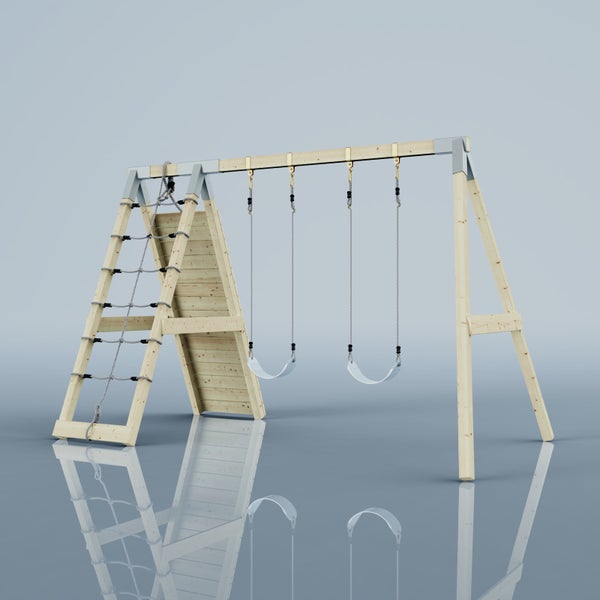 Freistehendes Klettergerüst aus Holz in A-Form mit Kletterwand, Strickleiter und Seilwinde inklusive Schaufel.