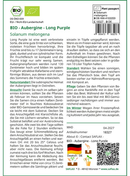 SAFLAX Garden to go - BIO - Aubergine - Long Purple - Solanum melongena - 20 Samen - Mit Topf, Klima - Deckel und Anzuchtsubstrat