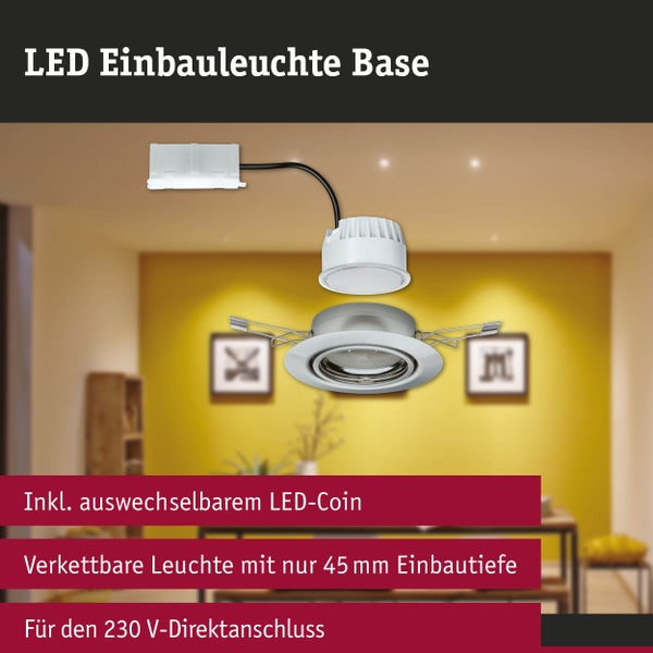 LED-Einbauleuchte Base inklusive auswechselbarem LED-Coin, verkettbar, 45 Millimeter Einbautiefe, für 230 Volt Direktanschluss.