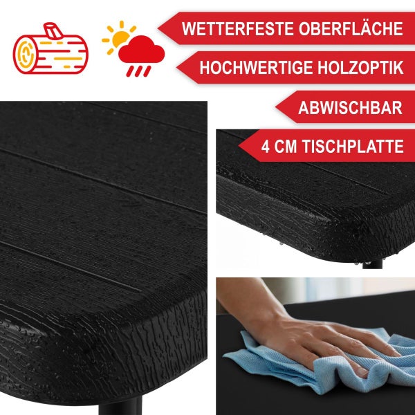 Schwarze Tischplatte mit wetterfester Oberfläche in Holzoptik, abwischbar, 4 Zentimeter dick.