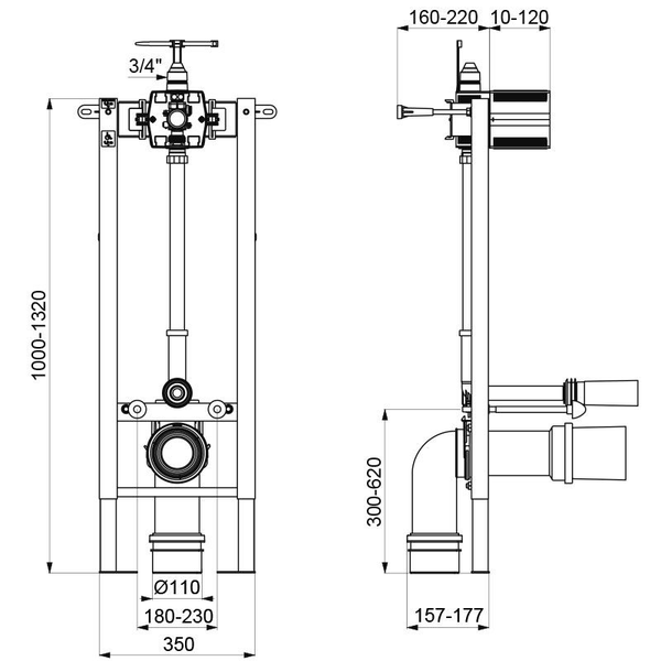 Maßzeichnung Vorwandelement für WC oder Urinal, Abmessungen in Millimeter, Höhe 1000 bis 1320, Breite 350, Anschluss 3/4 Zoll.