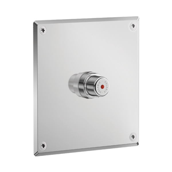 Delabie Selbstschluss-Duscharmatur aus Edelstahl mit quadratischer Frontplatte und Druckknopf.