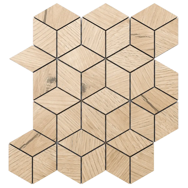 Mosaikfliese in Holzoptik, dreidimensionales Würfelmuster aus Rauten, Eiche hell.