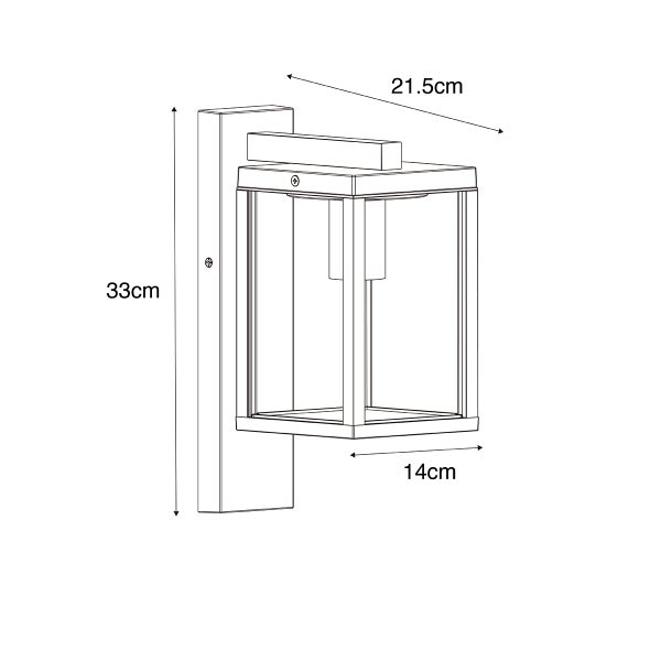 Skizze einer Außenwandleuchte mit den Maßen: Höhe 33 Zentimeter, Tiefe 21,5 Zentimeter und Breite 14 Zentimeter.