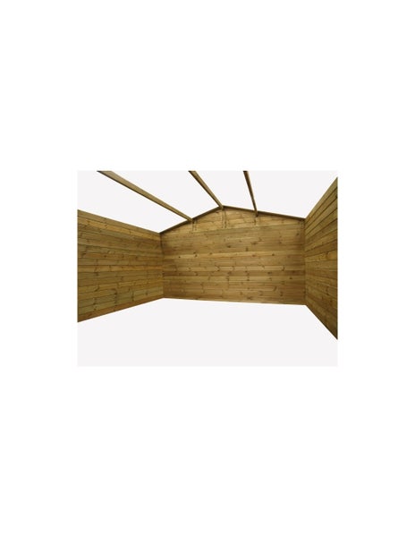 Innenansicht eines Gartenhauses aus Holz mit waagerechten Wandbrettern und sichtbaren Dachsparren.
